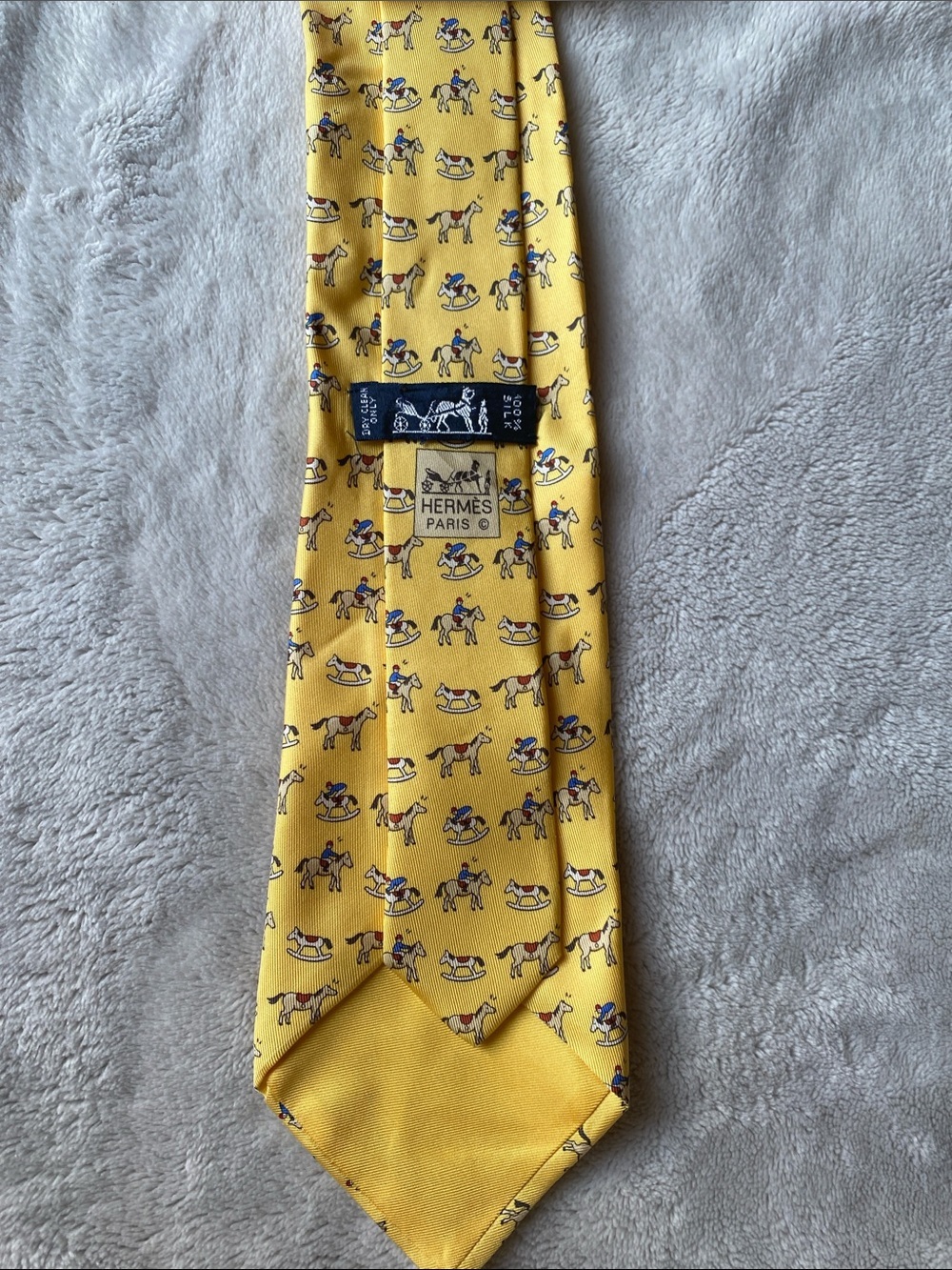 Hermes Yellow Silk Tie with Miniature Equestrian & Rocking Horse Motif